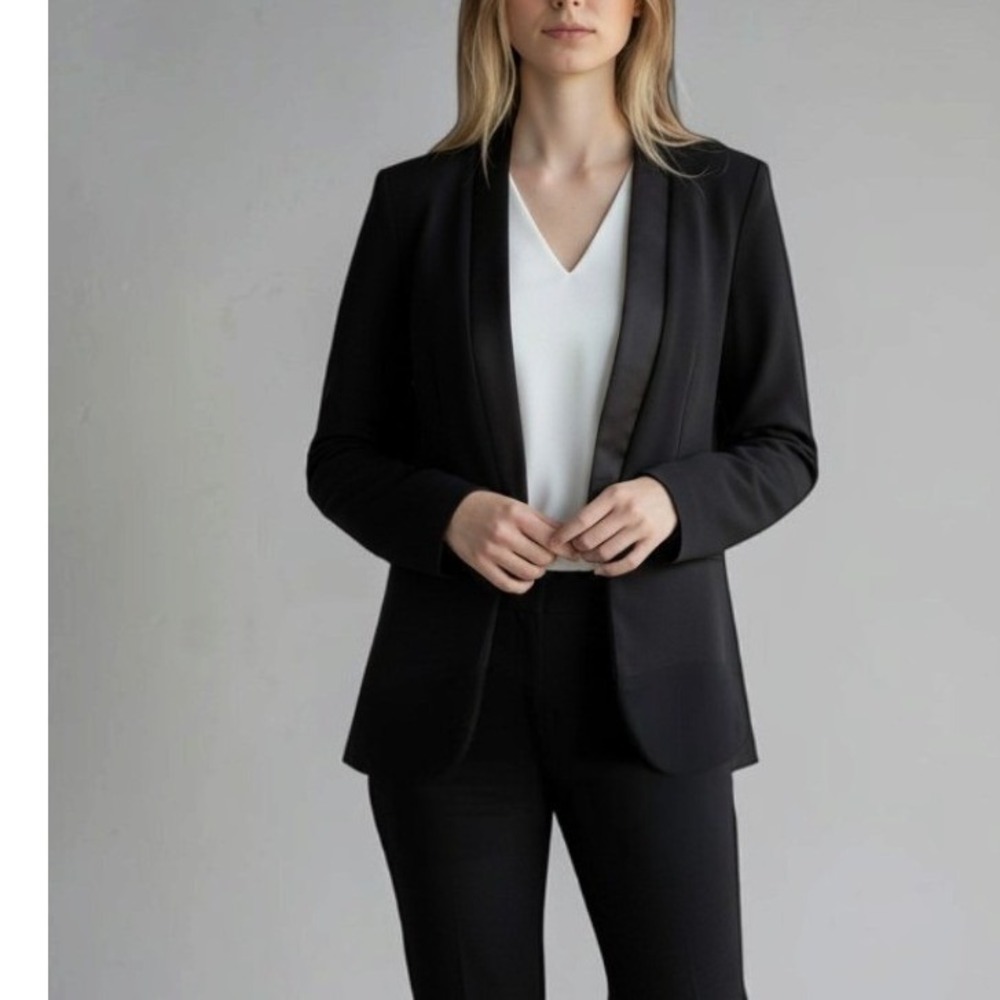 NYDJ Womens 6 Open Front Tuxedo Blazer Satin Lapel Quiet Luxury Black NEW Corp